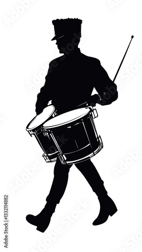 Silhouette of Marching Band Drummer Vector Percussion Performer in Black