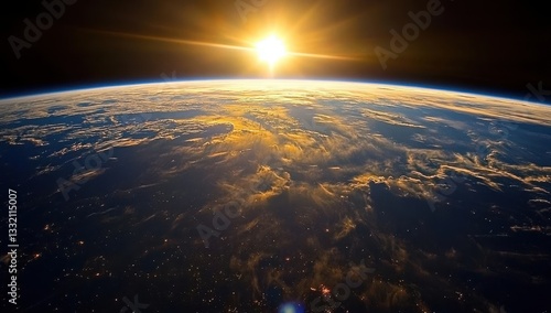 Fototapeta Naklejka Na Ścianę i Meble -  Beautiful view of planet earth from space with sun rising and city lights glowing below
