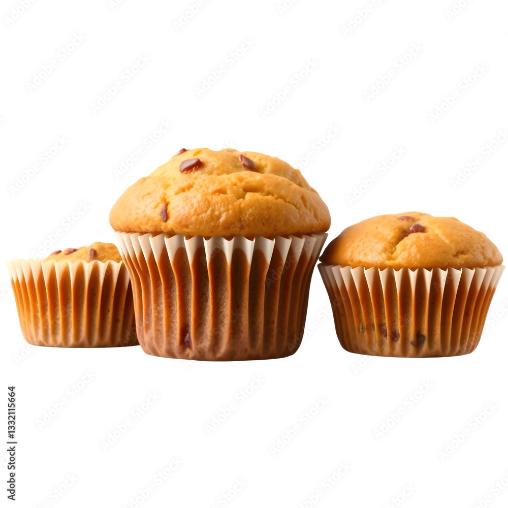 Three freshly baked muffins in varying sizes, with golden tops and paper liners, showcasing a deliciously inviting appearance. Three freshly baked muffins in varying sizes, with golden tops and paper liners, showcasing a deliciously inviting appearance.