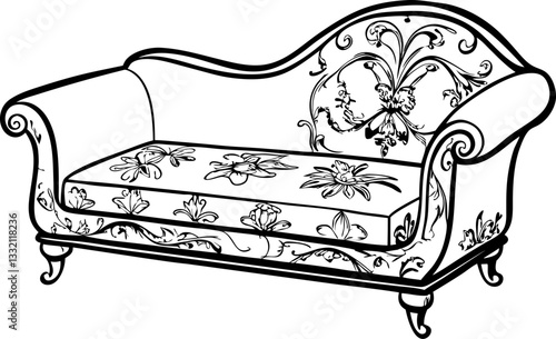 Ornate vintage sofa illustration with floral patterns and elegant design in black and white