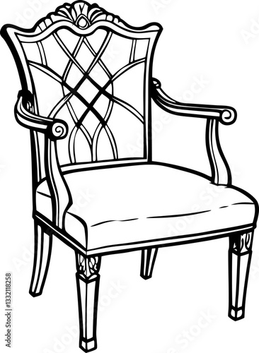 ornate wooden chair illustration with intricate backrest design and cushioned seat