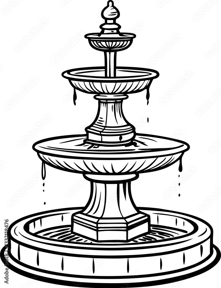 Intricate black and white garden fountain design three tiered water feature illustration Intricate black and white garden fountain design three tiered water feature illustration