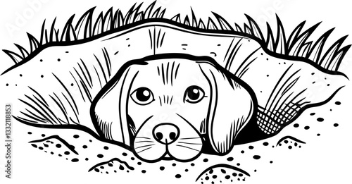 Sad puppy in burrow small dog lying under earth, black and white illustration, hidden animal art
