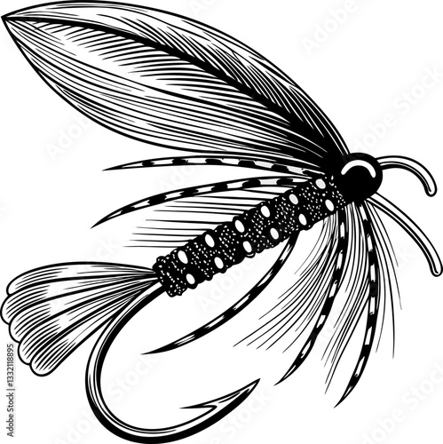 Intricate fishing fly illustration showcasing detailed fly tying artistry