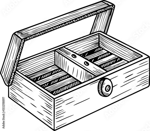 Wooden toolbox illustration with open lid and compartment design