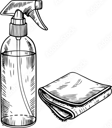 Spray bottle and cloth illustration cleaning supplies line art drawing, hygiene concept