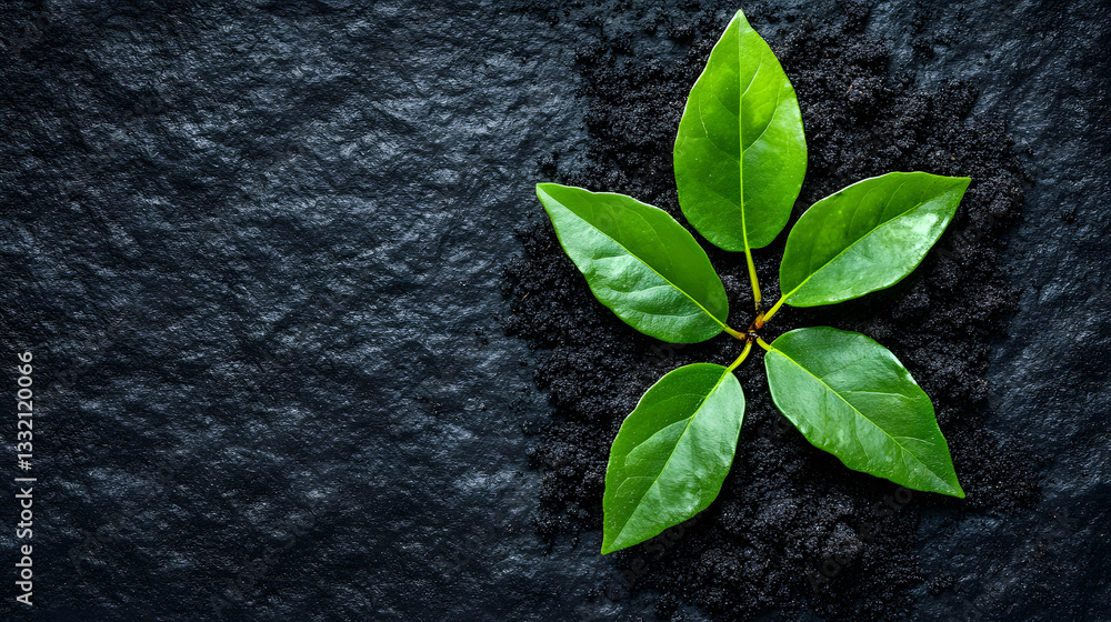 Naklejka premium Young vibrant Green Plant Growing in Fertile Soil Against Dark Background