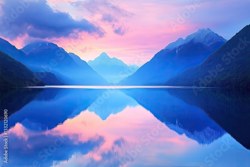 A Serene Mountain Lake Reflecting a Pink and Blue Twilight Sky.
