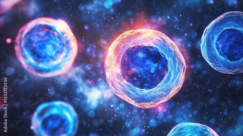 Naklejka premium Colorful Microbial Cells on Dark Abstract Background in Space
