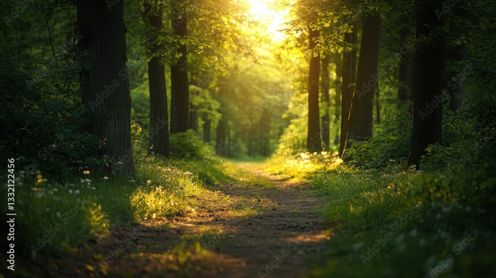 Obraz premium Golden sunlight illuminates a tranquil forest path, evoking peace and natural harmony.
