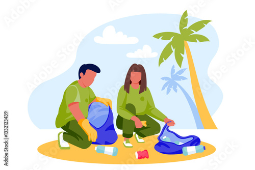 Volunteers clean up plastic trash on beach. Vector illustration. Ecological people lifestyle, environment saving concept