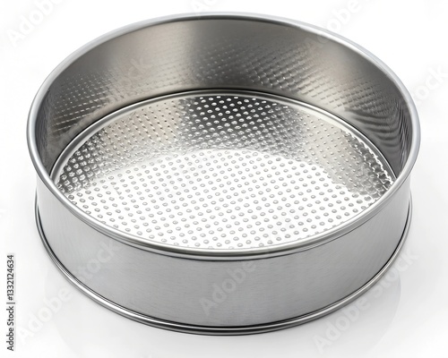 A Gleaming Stainless Steel Cake Tin, Ready For Baking Delicious Treats, With A Textured Base And A Classic Round Shape