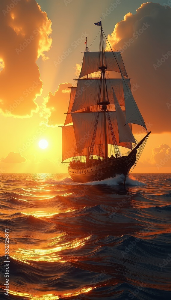 Fototapeta premium Golden Sunset Over Vernal Equinox: Majestic Sailing Ship Adorns Ocean. A ship sailing in the ocean at sunset. 