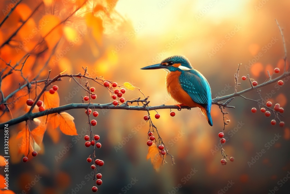 Fototapeta premium A vibrant bird sits atop a branch surrounded by autumn leaves