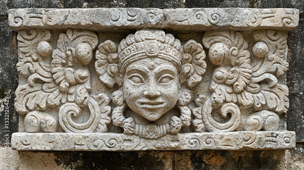 Intricate stone relief carving featuring a serene female face framed by ornate floral and winged motifs Intricate stone relief carving featuring a serene female face framed by ornate floral and winged motifs