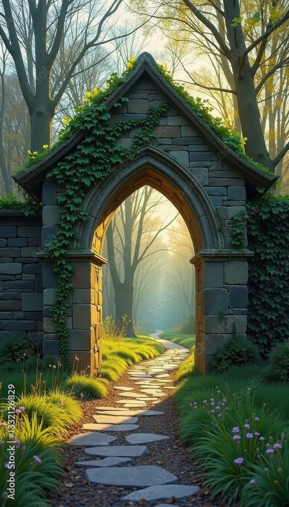 Fototapeta premium Stone Archway in Vernal Equinox Forest Harmony. A stone archway surrounded by lush greenery and flowers.