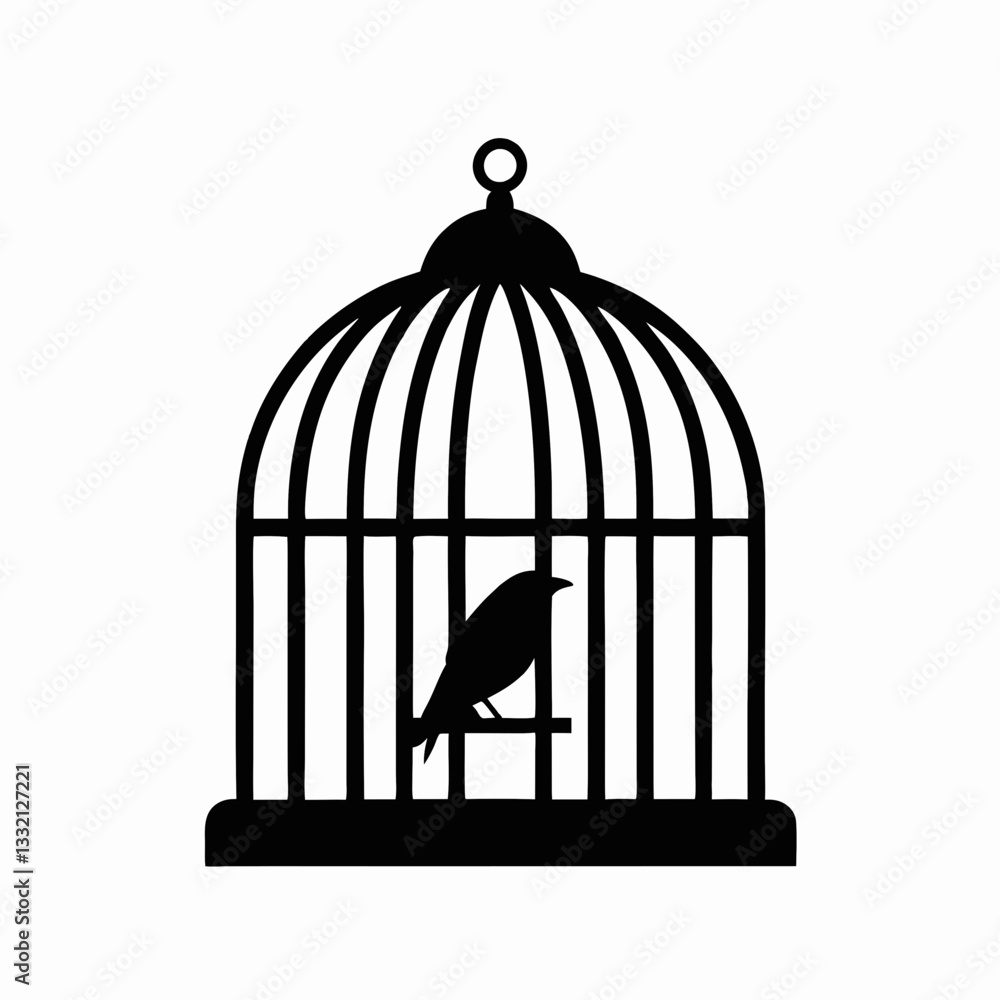 Bird in an open golden cage with a vintage design, symbolizing freedom and captivity, isolated on a white background Bird in an open golden cage with a vintage design, symbolizing freedom and captivity, isolated on a white background