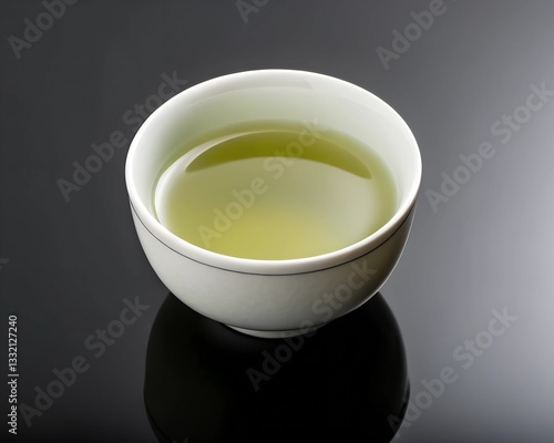 A Serene Moment Of Tranquility, A Delicate Cup Of Vibrant Green Tea, Reflecting Peaceful Contemplation Against A Dark, Polished Surface