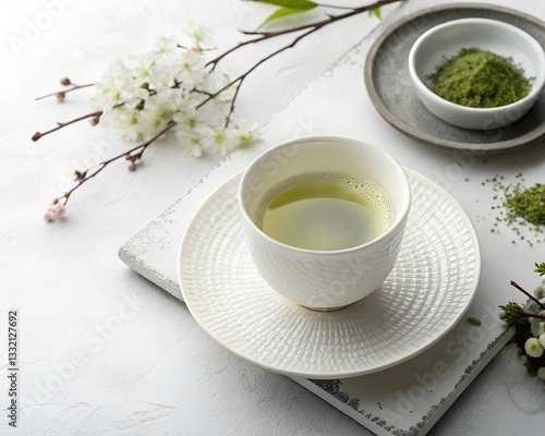 A Serene Moment Of Tranquility With A Steaming Cup Of Matcha Green Tea, Accompanied By Delicate White Blossoms And Textured White Tableware, Bathed In Soft, Natural Light