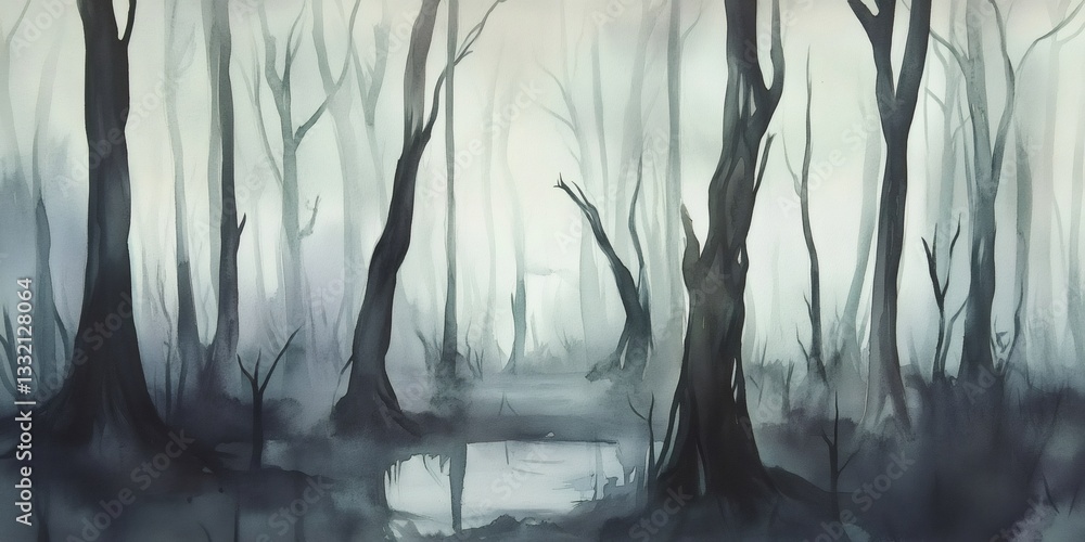 Naklejka premium Dark and misty swamp reflecting trees and fog in the water