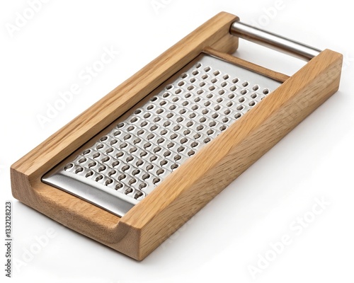 A Sleek, Modern Grater Nestled In Warm Oak Wood, Ready To Effortlessly Zest Citrus Or Grate Cheese For Culinary Creations With A Minimalist Design And Stainless Steel Grating Surface