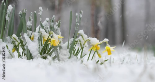 daffodils, narcissus in spring in the snow