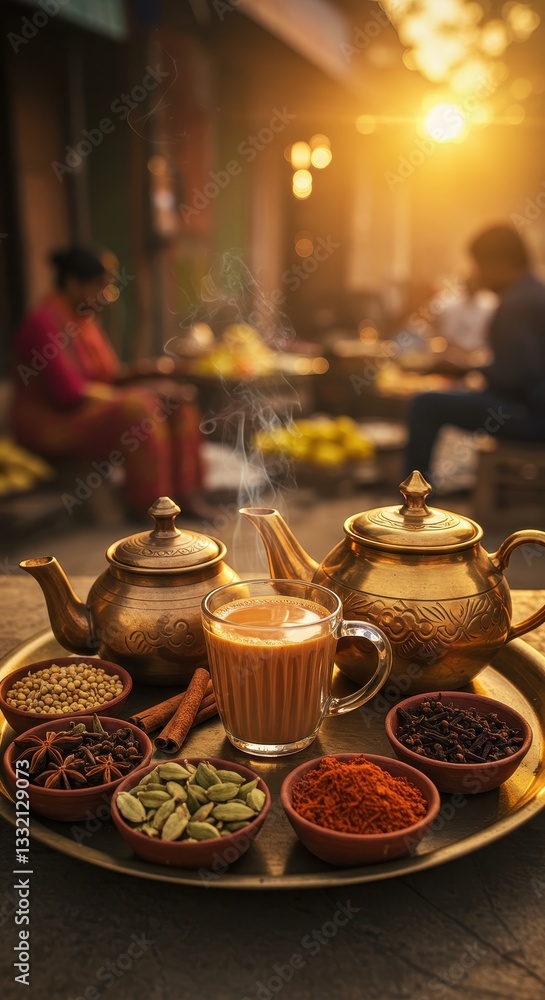 Hot tea served with spices creates a warm atmosphere in a bustling market as the sun sets Hot tea served with spices creates a warm atmosphere in a bustling market as the sun sets