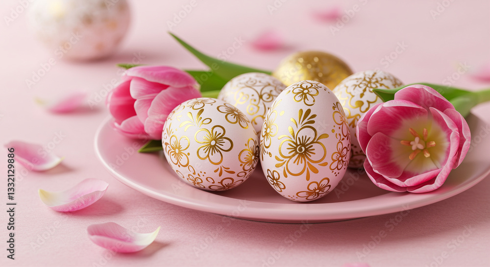 Decorated Easter eggs with golden floral patterns and pink tulips on a plate creating a festive spring still life arrangement with scattered petals on a pink background Decorated Easter eggs with golden floral patterns and pink tulips on a plate creating a festive spring still life arrangement with scattered petals on a pink background