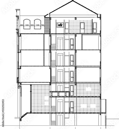 vector sketch illustration silhouette architectural design section of multi-storey apartment building 