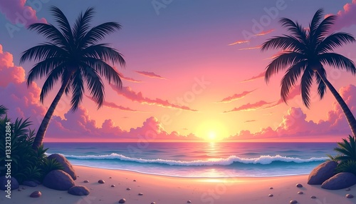 Serene Sunset Embracing A Tranquil Beach, Two Palm Trees Silhouetted Against A Vibrant Sky, Radiating Peace And Warmth