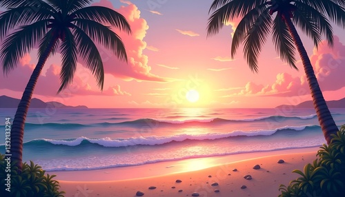 Serene Sunset Paradise Pink Hues Paint The Sky As Gentle Waves Caress The Shore Under A Warm Sun, Framed By Swaying Palm Trees