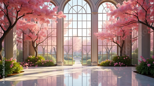 Fototapeta Naklejka Na Ścianę i Meble -  A luxurious open-air conservatory with towering glass windows, overlooking a dreamy garden