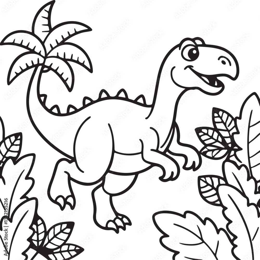 Naklejka premium A coloring page featuring a dinosaur sprinting in a lush jungle, suitable for kids