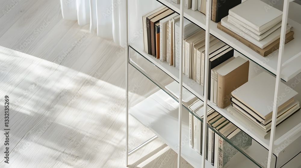 Obraz premium A modular, DIY bookshelf made of matte white metal and glass, with adjustable shelf spacing, ergonomic design for easy access to books