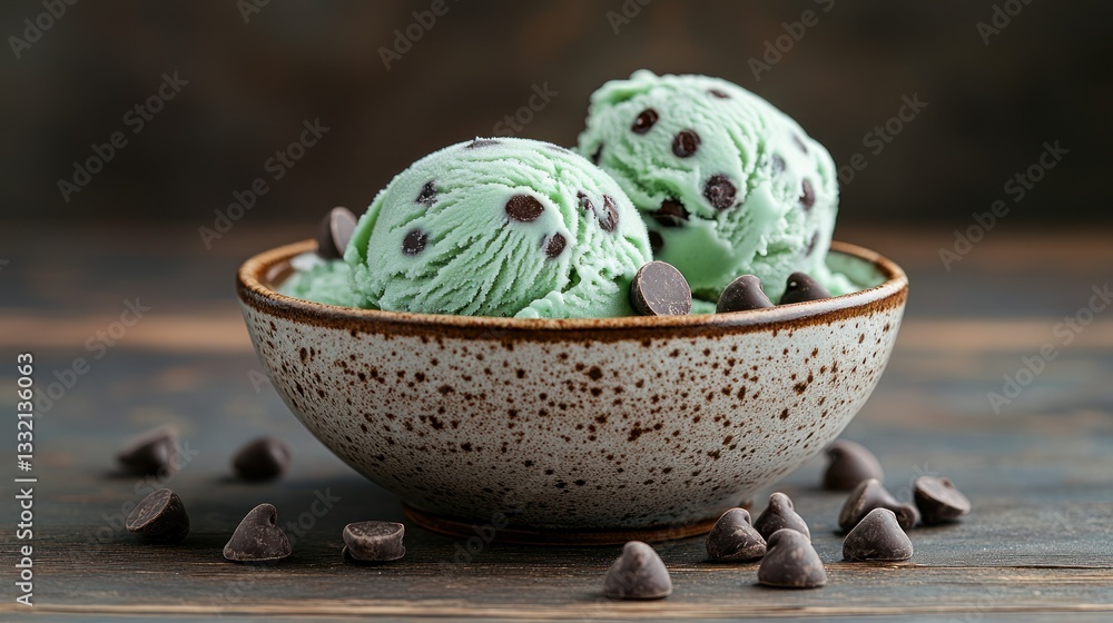 Mint chocolate chip ice cream in a rustic bowl Mint chocolate chip ice cream in a rustic bowl