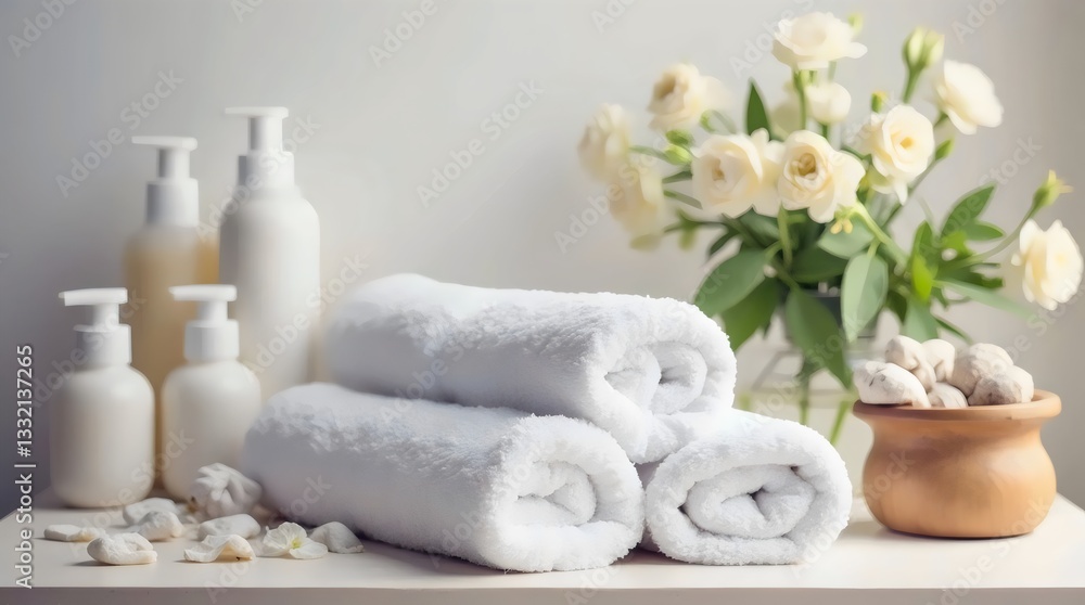 Spa Essentials: A Serene Composition of White Towels, Luxurious Lotions, and Delicate Floral Accents for a Tranquil Retreat Spa Essentials: A Serene Composition of White Towels, Luxurious Lotions, and Delicate Floral Accents for a Tranquil Retreat