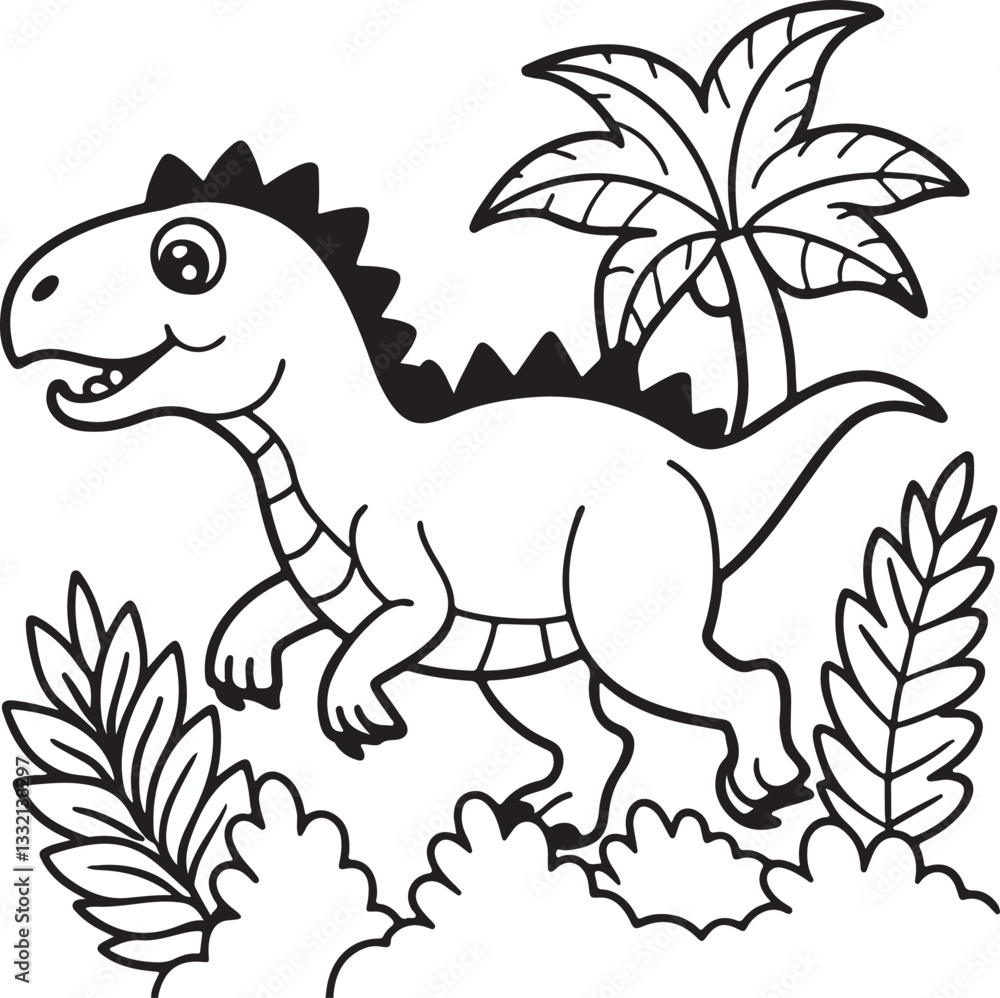 Fototapeta premium A coloring page featuring a dinosaur sprinting in a lush jungle, suitable for kids
