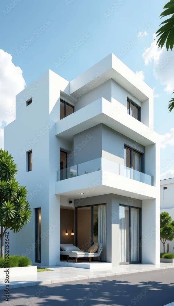 Fototapeta premium Clean lines, white & gray facade, modern architecture, commercial, urban, photo