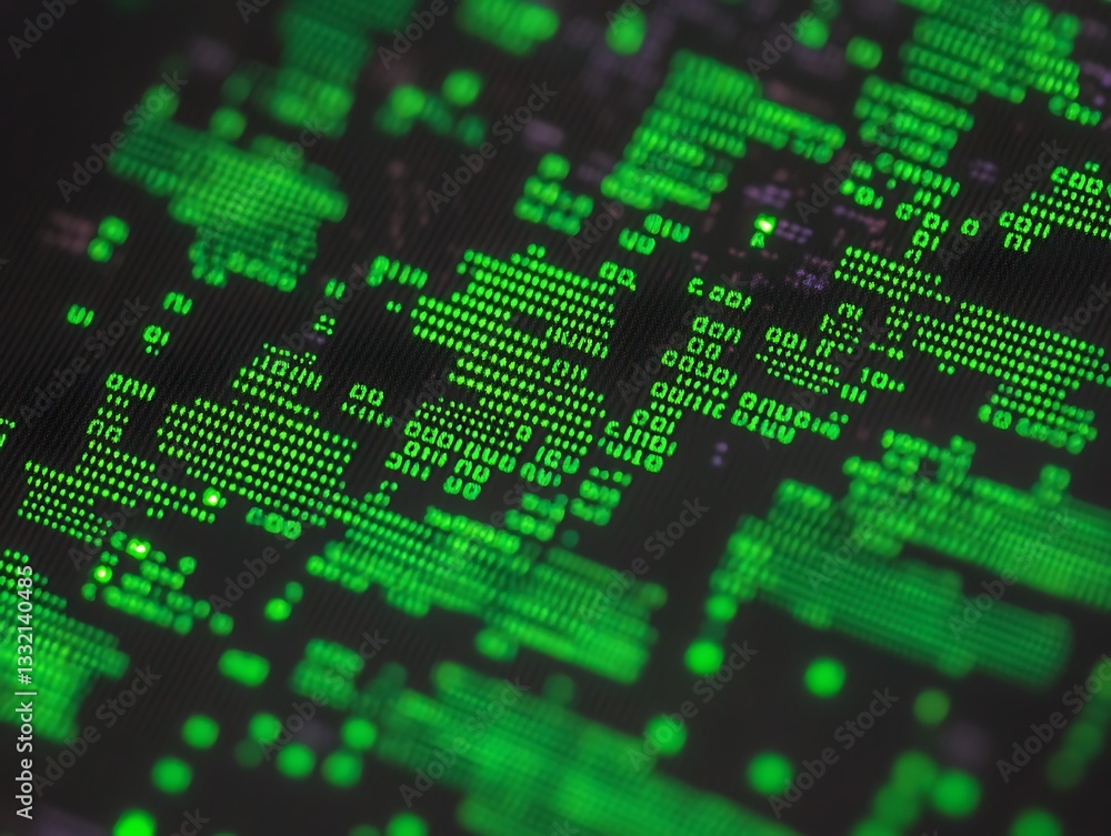 Close up of a glowing green electronic circuit board surface Close up of a glowing green electronic circuit board surface