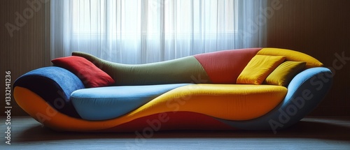 A colorful, modern sofa with vibrant cushions sits gracefully in a softly lit room, exuding comfort and contemporary style.