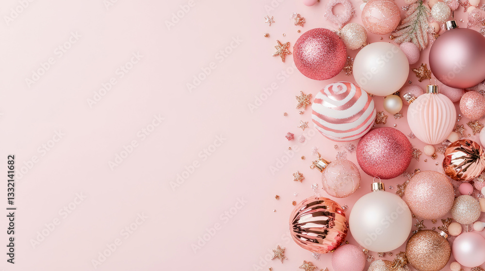 Christmas holiday: Pastel Ornaments for a festive layout, ideal for cards or posters, featuring balls, stars, and snowflakes on a pink backdrop. Christmas holiday: Pastel Ornaments for a festive layout, ideal for cards or posters, featuring balls, stars, and snowflakes on a pink backdrop.