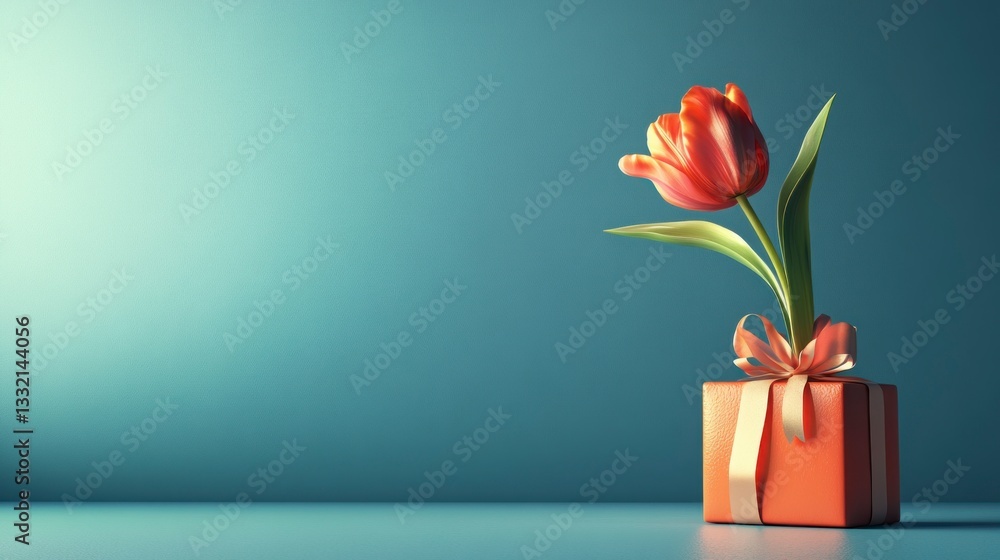 Fototapeta premium Elegant Tulip with Gift Box Still Life on Teal Background, Mother Day Background