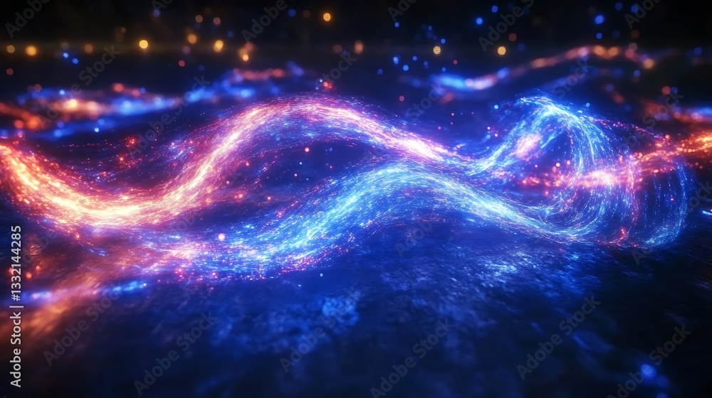 Fototapeta premium Glowing streams of light and color flow across a dark background