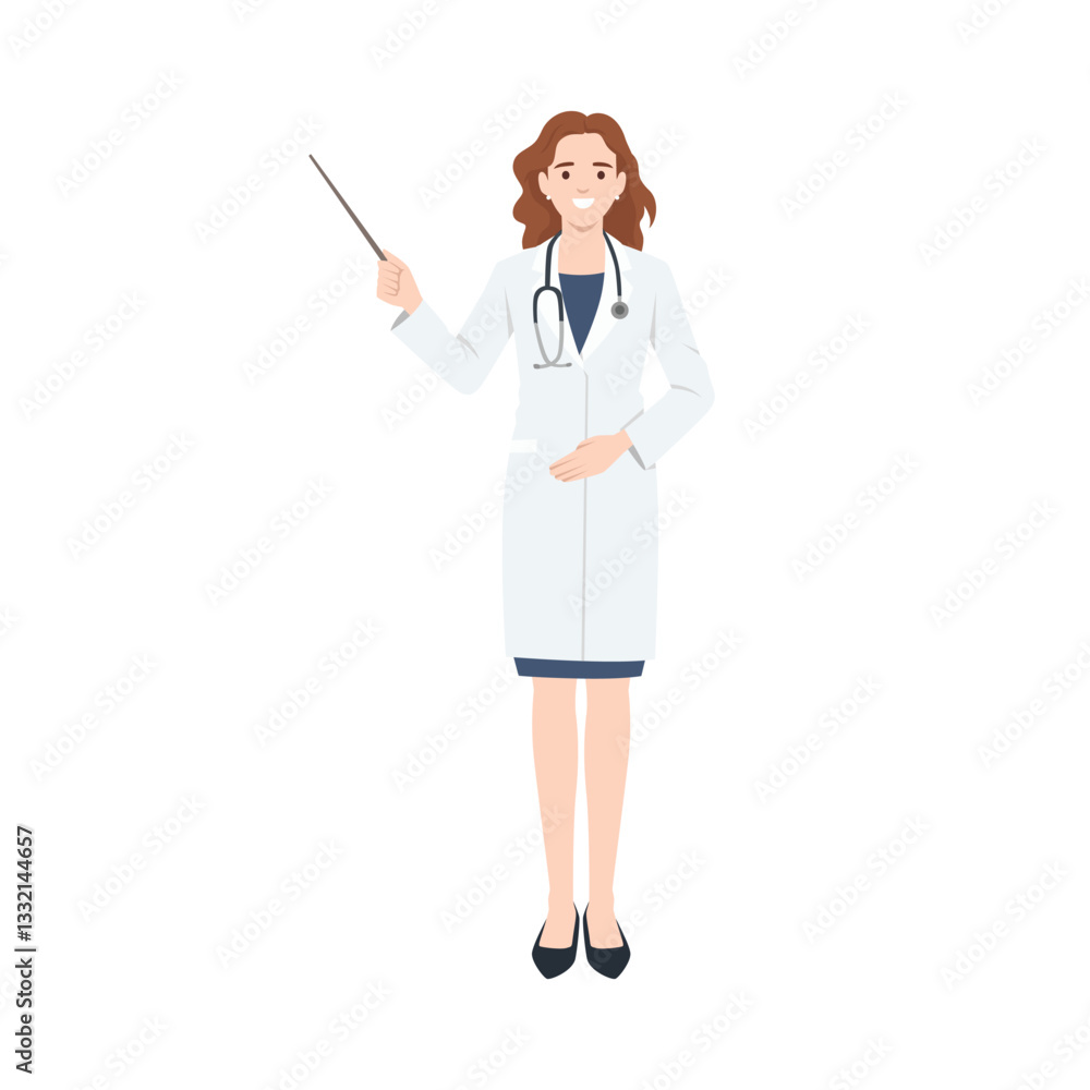 Woman doctor holding a pointer, indicating she is giving a medical presentation or explanation. Flat vector illustration isolated on white background Woman doctor holding a pointer, indicating she is giving a medical presentation or explanation. Flat vector illustration isolated on white background