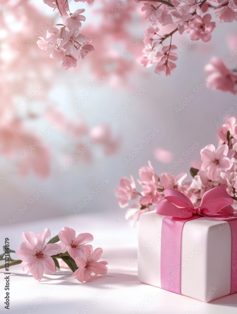 Present with Pink Ribbon and Cherry Blossom Branches Background for Celebrations, Mother Day Background Present with Pink Ribbon and Cherry Blossom Branches Background for Celebrations, Mother Day Background