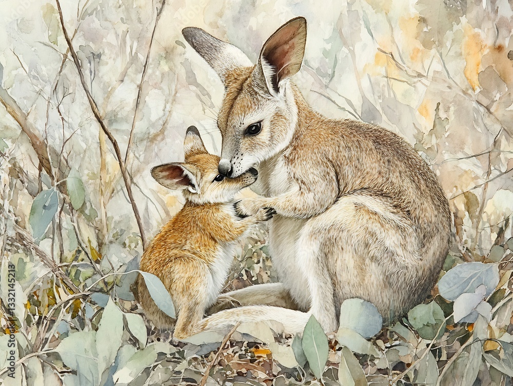 Fototapeta premium Mother Agile Wallaby gently grooming her joey their interaction framed by soft eucalyptus leaves in the foreground the natural vignette drawing attention to their bond