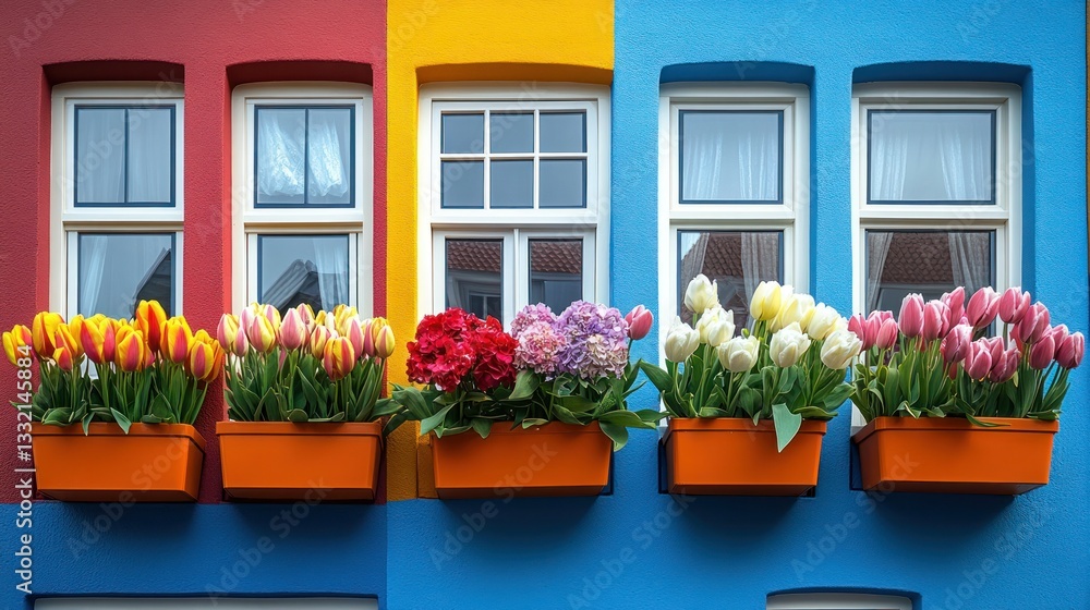 Fototapeta premium Vibrant colorful building facade with flower boxes