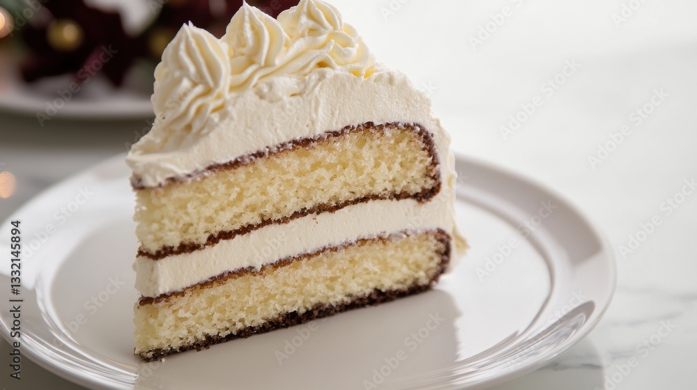 Delicious Slice of Cake on Elegant Plate with Whipped Cream and Berries Delicious Slice of Cake on Elegant Plate with Whipped Cream and Berries