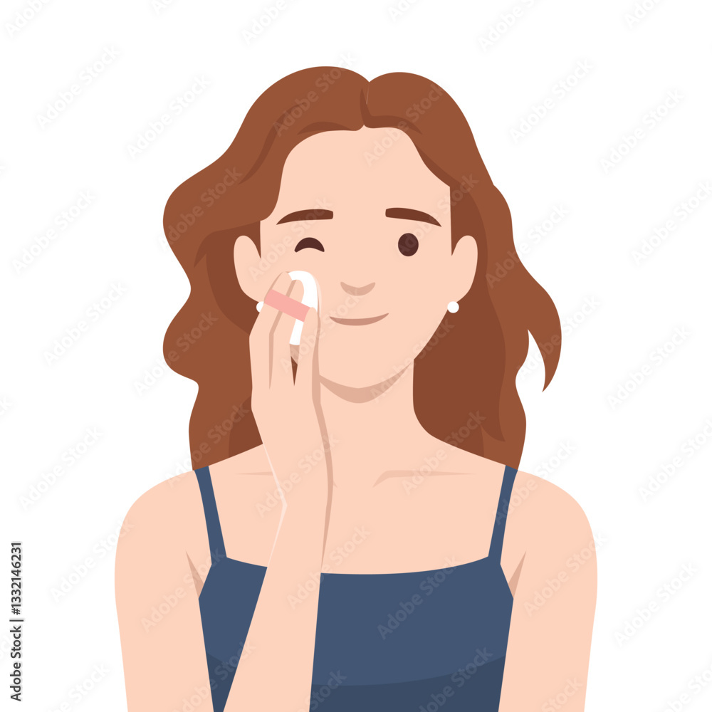 Young woman wearing a blue dress, is smiling while applying makeup with a cotton pad. Flat vector illustration isolated on white background
