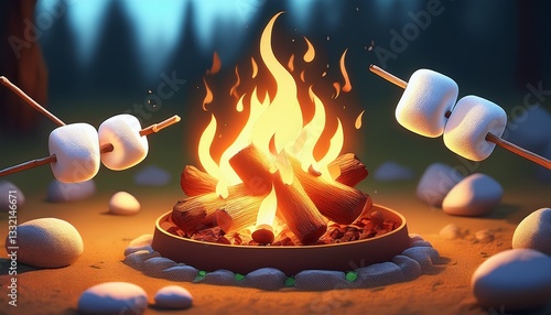 A cute 3D render of a cozy campfire with warm, animated flames, surrounded by marshmallows on sticks, evoking camping fun, warmth, and a playful outdoor vibe.
